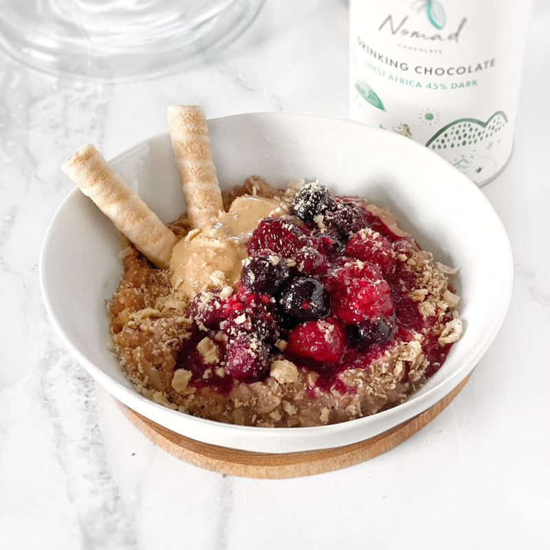 Vegan Chocolate Oats w/ Hazelnut Butter & Warm Berries