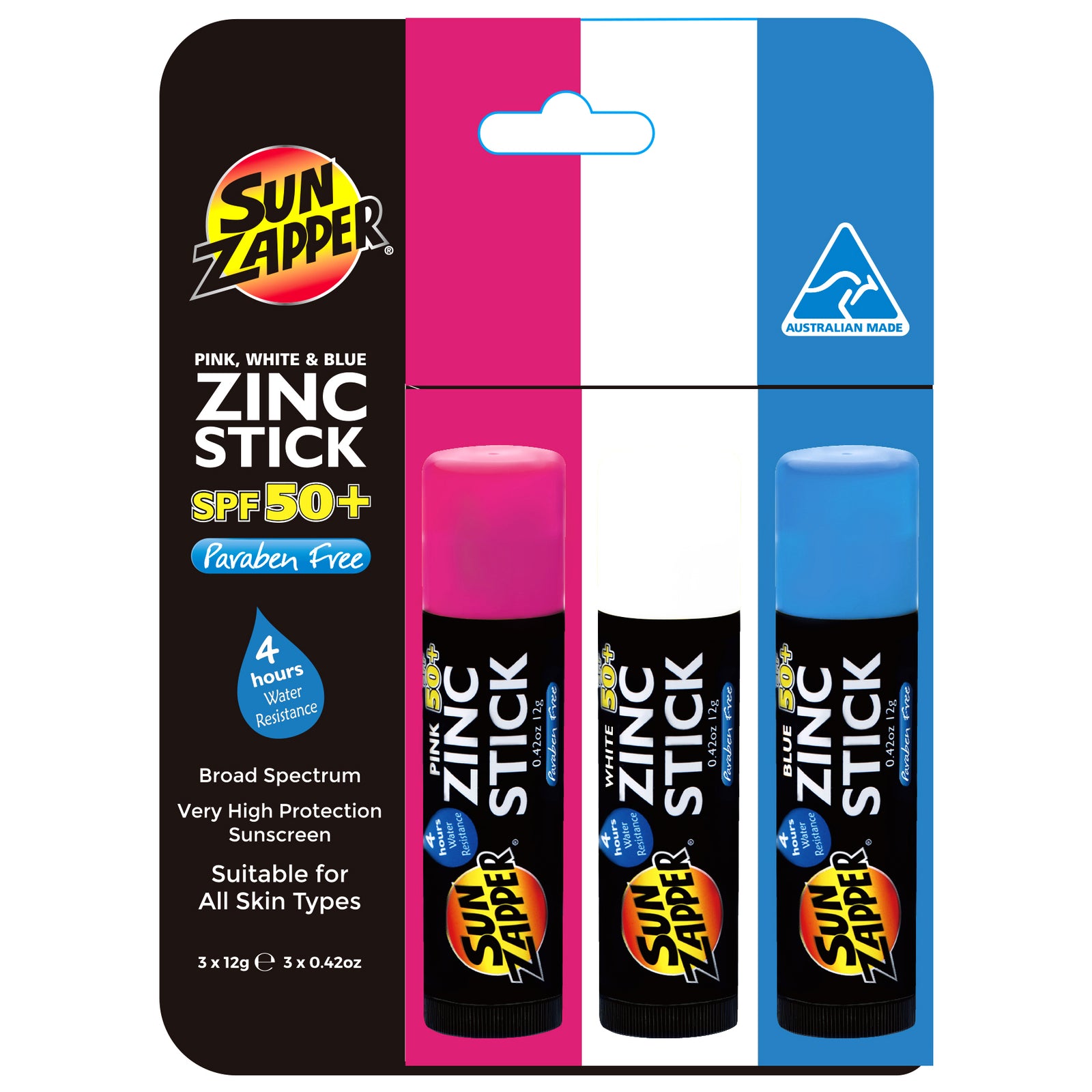 Sun Zapper Zinc Oxide Sun Block - Pink, White & Blue - SPF 50+