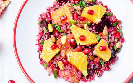 STEWED FRUIT & QUINOA SALAD WITH MAPLE FINGER LIME DRESSING