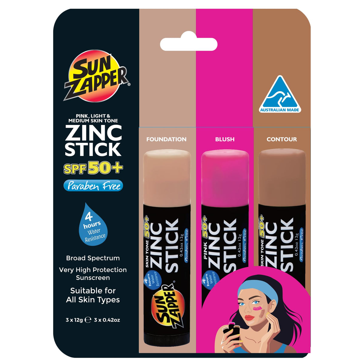 Sun Zapper Zinc Sunscreen Stick SPF 50+ Beauty 3-Pack