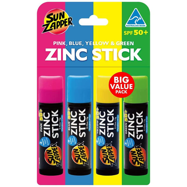 Sun Zapper Zinc Sunscreen Stick SPF 50+ Rainbow 4-Pack