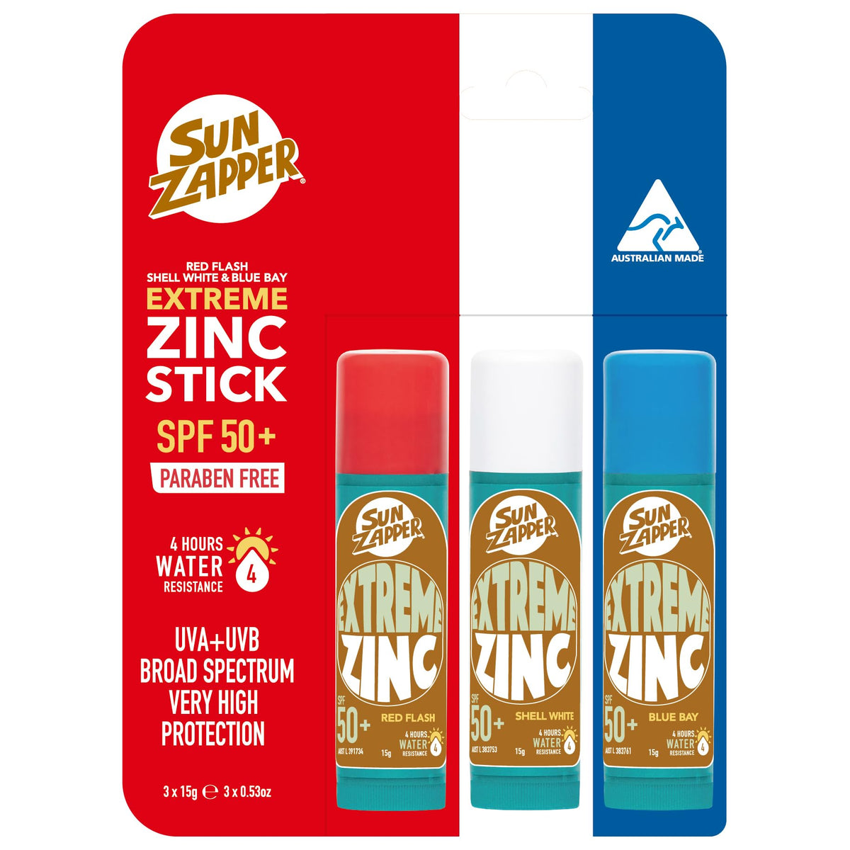 Sun Zapper Extreme Zinc Stick SPF 50+ Red White Blue 3-Pack