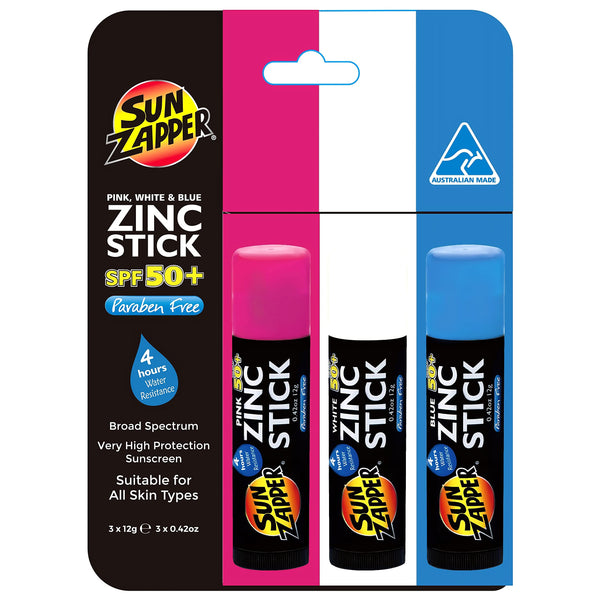 Sun Zapper Zinc Sunscreen Stick SPF 50+ Pink White Blue 3-Pack