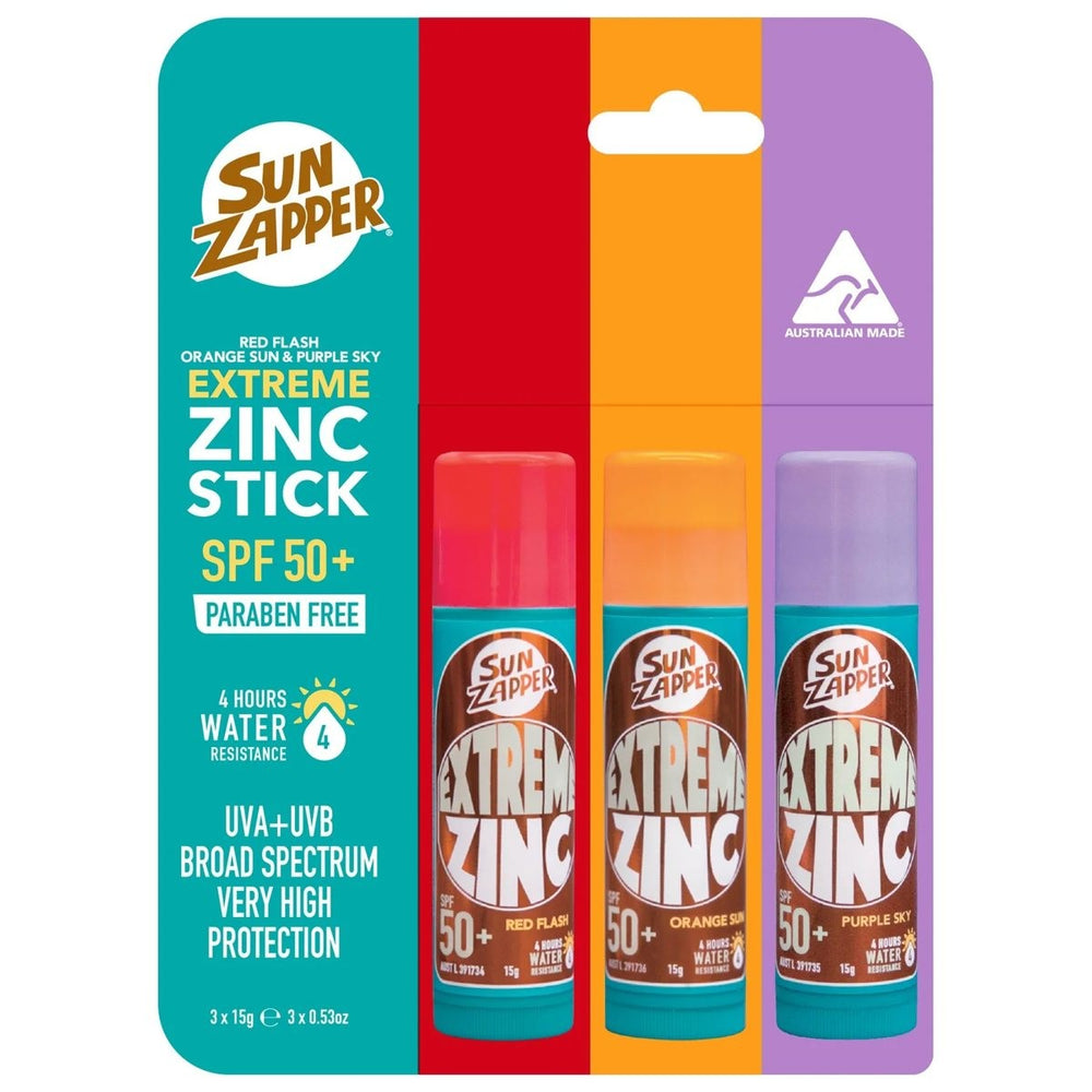 Sun Zapper Extreme Zinc Stick SPF 50+ Red Orange Purple 3-Pack