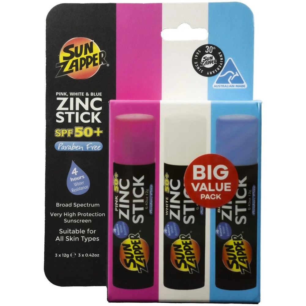Sun Zapper Zinc Sunscreen Stick SPF 50+ Pink White Blue 3-Pack