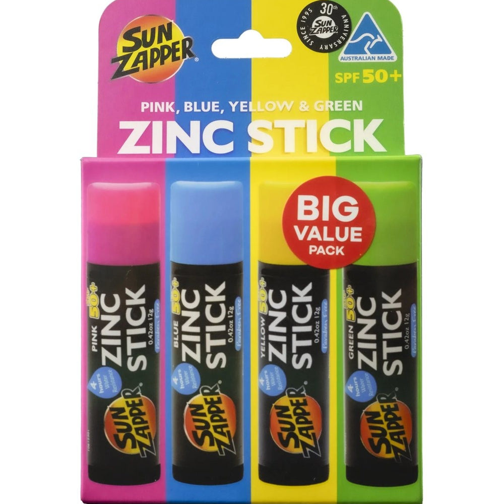 Sun Zapper Zinc Sunscreen Stick SPF 50+ Rainbow 4-Pack