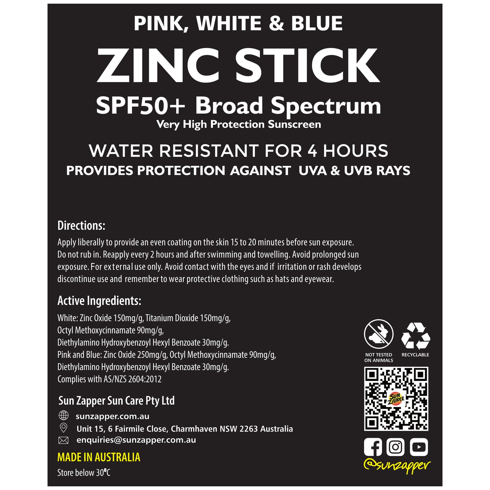 Sun Zapper Zinc Oxide Sun Block - Pink, White & Blue - SPF 50+